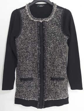 Elie Tahari Nordstrom Black Merino Wool Boucle Fringed Snap Front Jacket Sz S